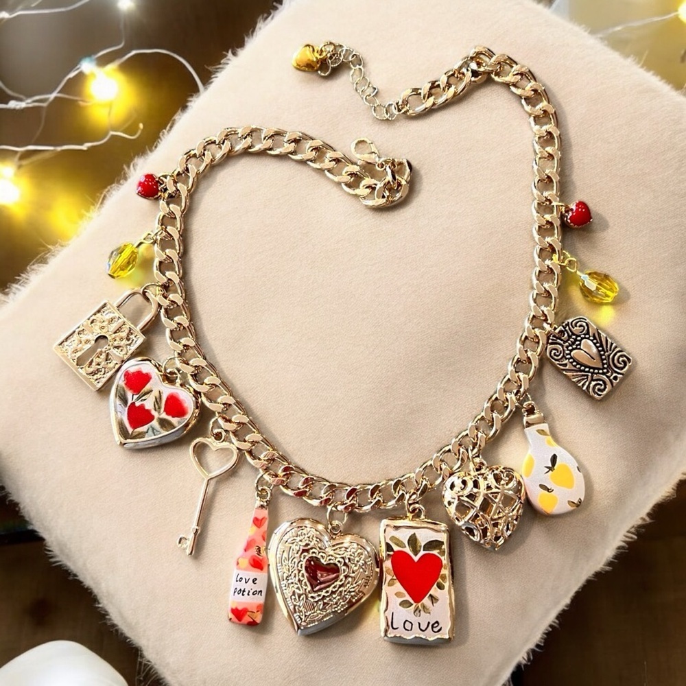Gold toned charm necklace Love potion charms Lemons Hearts Tulips beautiful - Picture 5 of 17